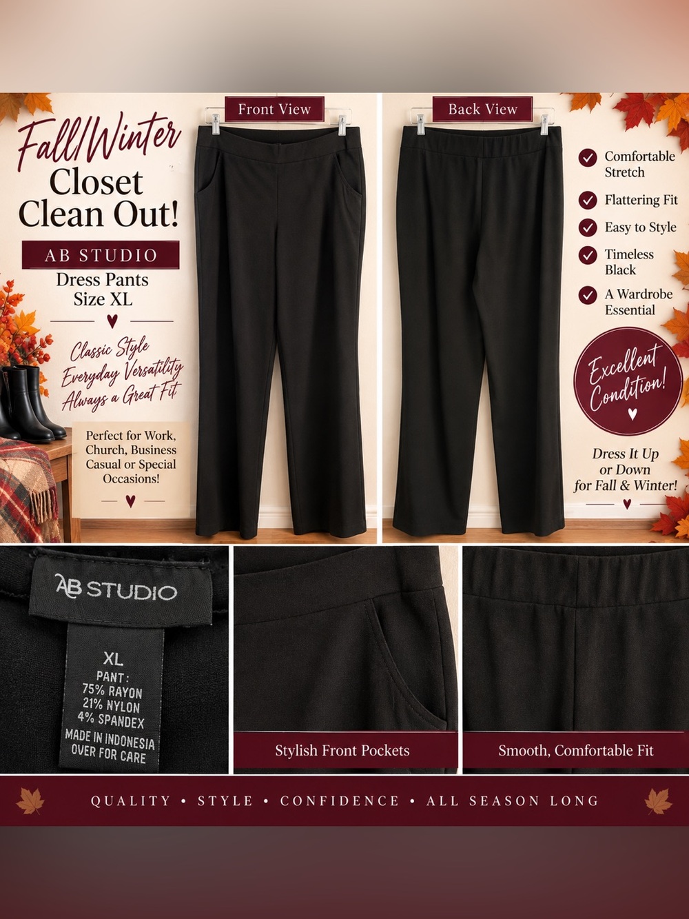 AB Studio Women’s Black Dress Pants - Classic Straight Fit